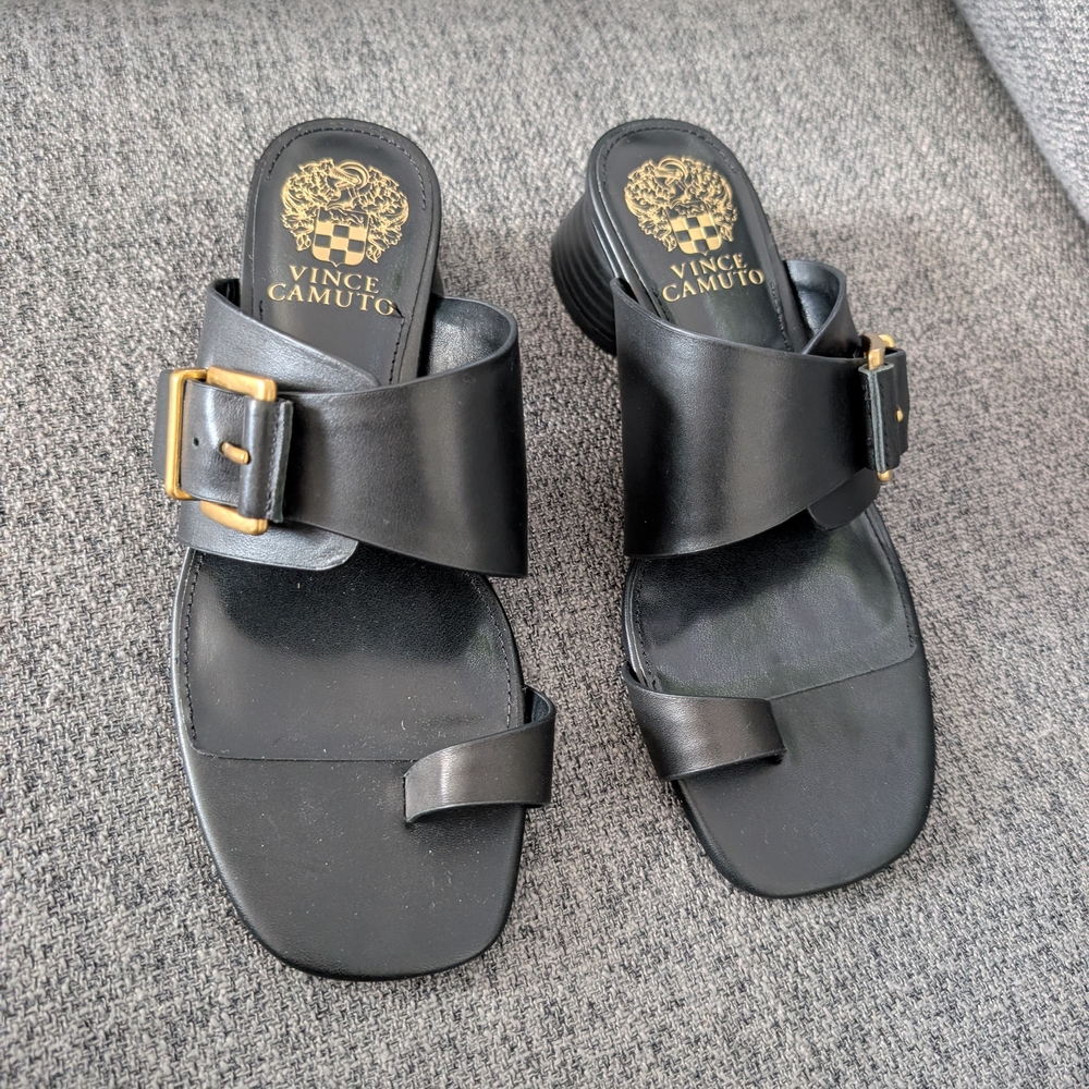 Vince Camuto Black Leather Slide Sandals with Gold Buckle Accent